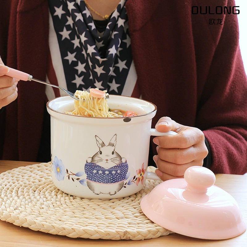 可愛帶蓋泡方便麪碗帶把宿舍學生陶瓷碗大號湯碗家用飯碗-細節圖2
