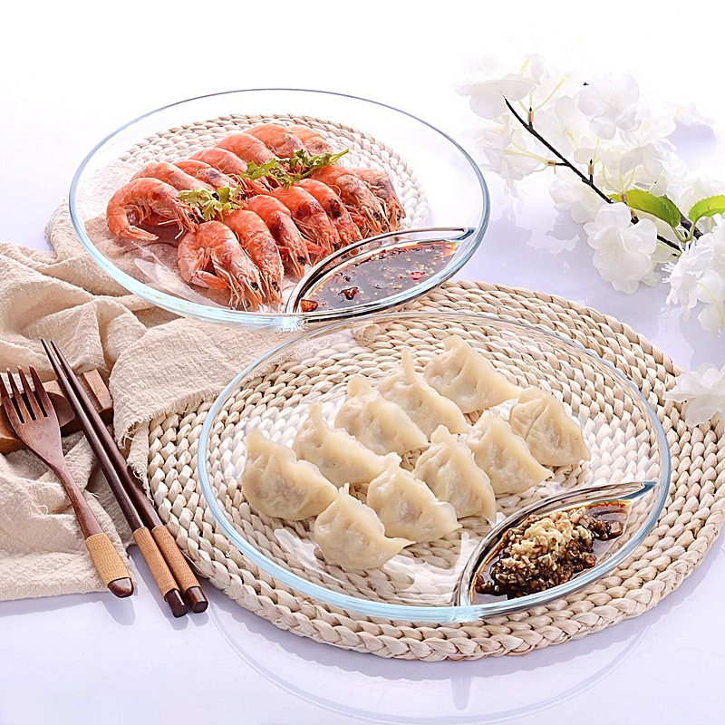 新款帶醬醋碟分格餃子盤耐熱鋼化玻璃盤子家用創意蘸料涼菜盤-細節圖2