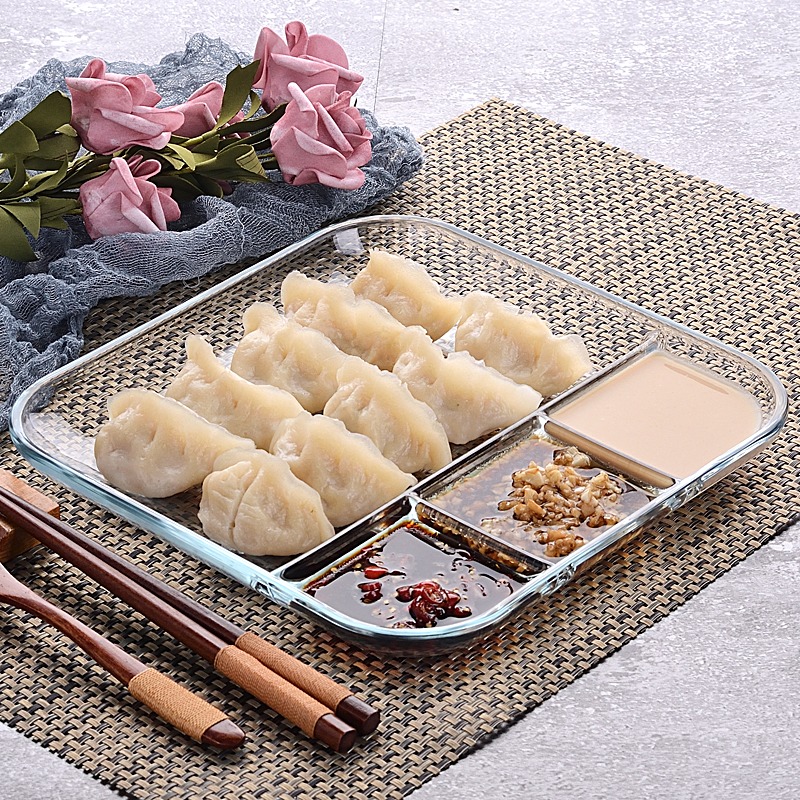 新款帶醬醋碟分格餃子盤耐熱鋼化玻璃盤子家用創意蘸料涼菜盤-細節圖4