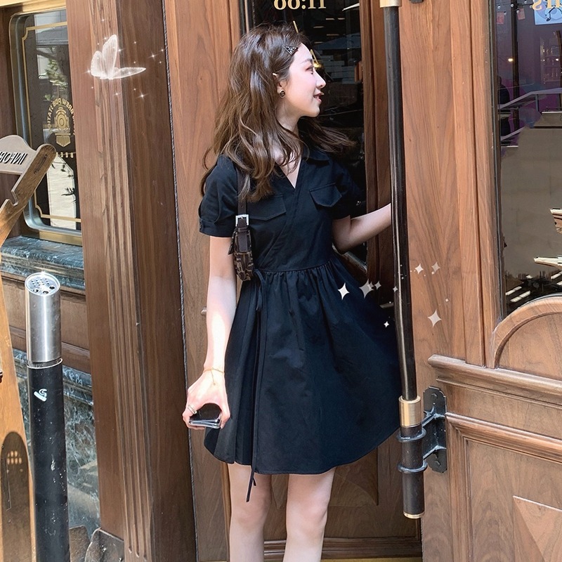 年新款女法式赫本風小黑裙茶歇初戀黑色工裝連衣裙子夏季chic-細節圖3