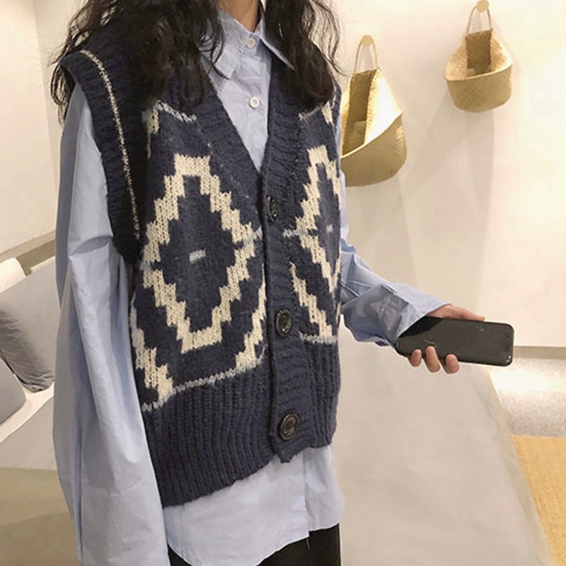年春秋新款無袖坎肩毛衣女上衣寬松v領針織背心馬夾短款馬甲-細節圖2