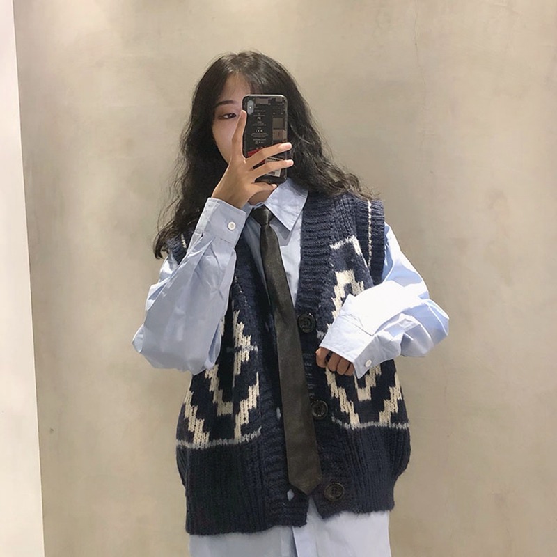 年春秋新款無袖坎肩毛衣女上衣寬松v領針織背心馬夾短款馬甲-細節圖3