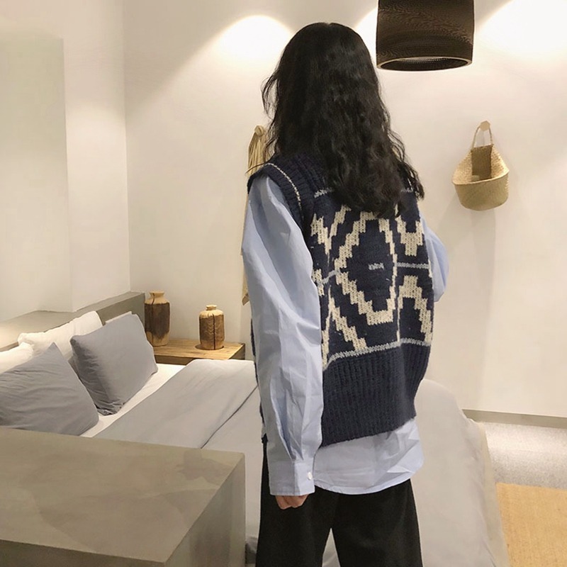 年春秋新款無袖坎肩毛衣女上衣寬松v領針織背心馬夾短款馬甲-細節圖5