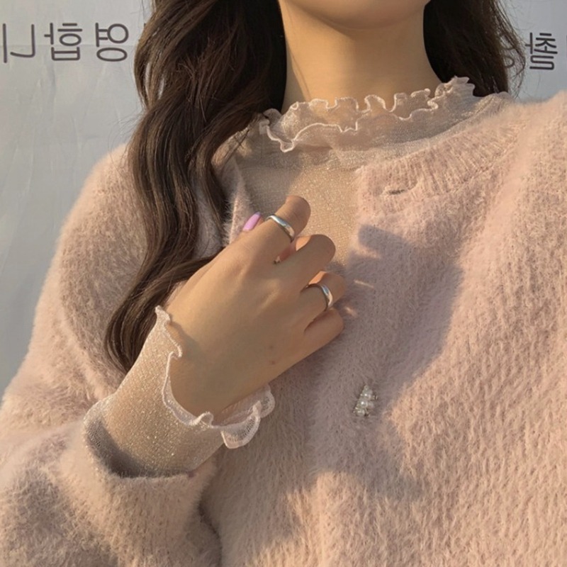 年春秋新款長袖半高領蕾絲打底衫女短款內搭網紗上衣早秋小衫-細節圖2