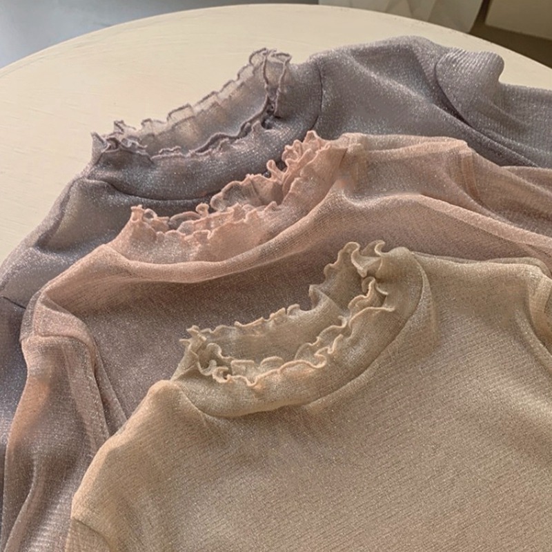 年春秋新款長袖半高領蕾絲打底衫女短款內搭網紗上衣早秋小衫-細節圖3