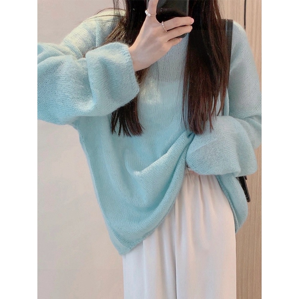 天藍色毛衣女秋冬寬松年新款上衣慵懶風馬海毛鏤空針織衫早秋-細節圖3