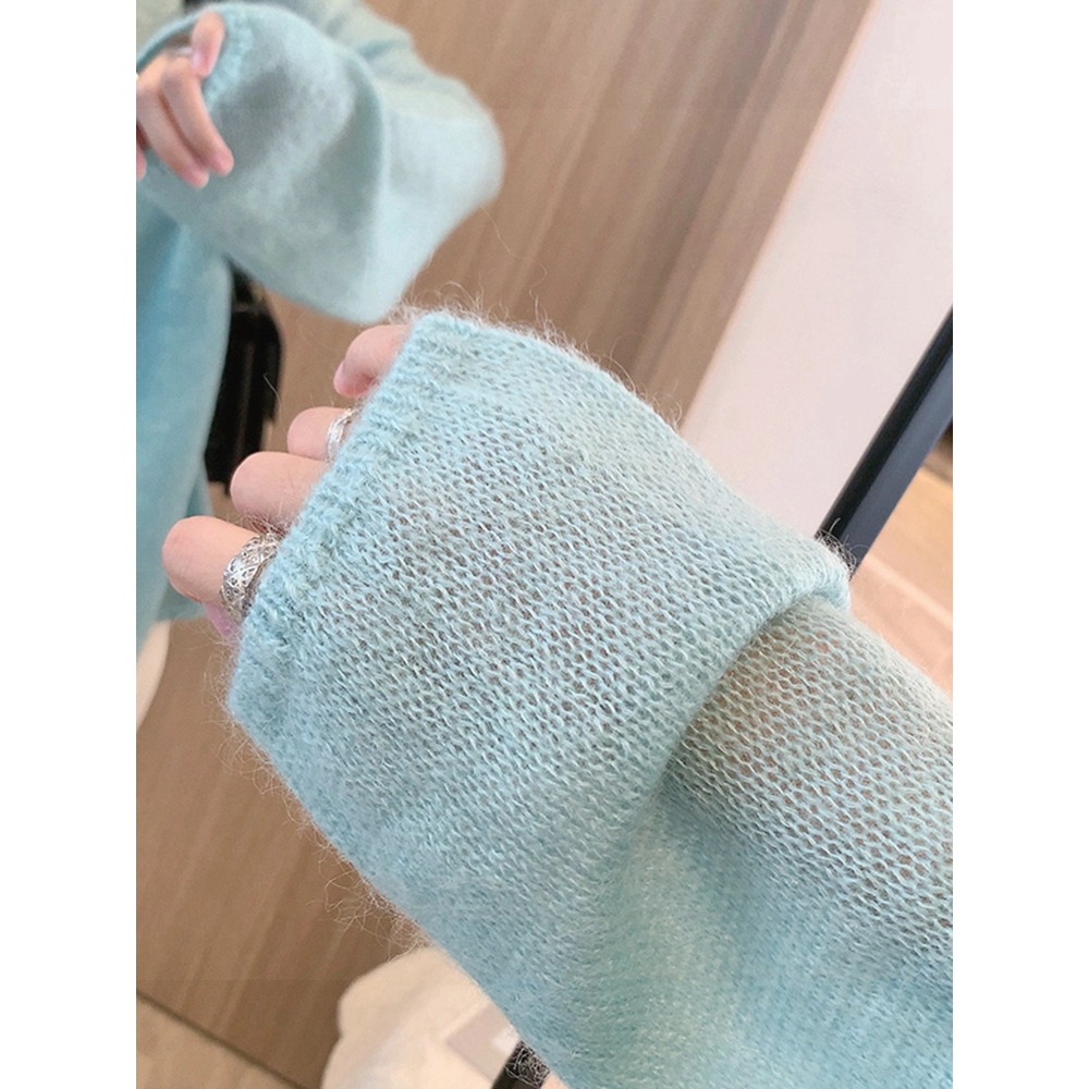 天藍色毛衣女秋冬寬松年新款上衣慵懶風馬海毛鏤空針織衫早秋-細節圖4