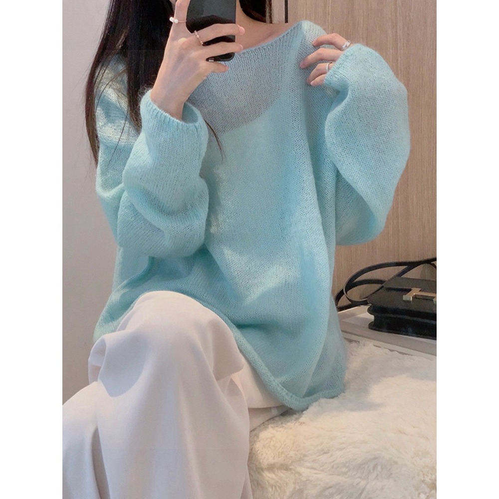 天藍色毛衣女秋冬寬松年新款上衣慵懶風馬海毛鏤空針織衫早秋-細節圖5