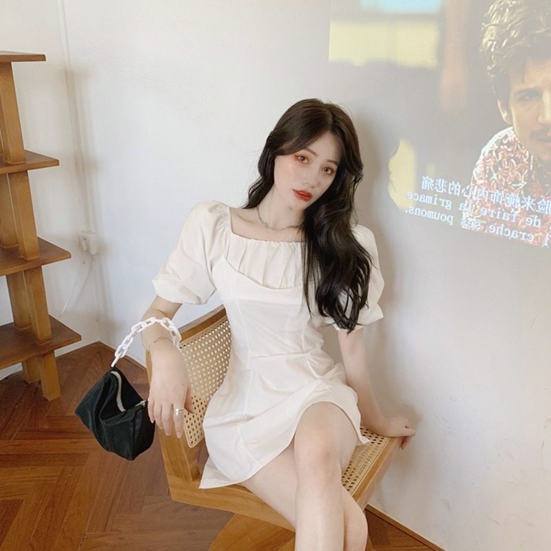 年新款法式甜美初戀約會小裙子藍色茶歇一字肩連衣裙子女夏季-細節圖2