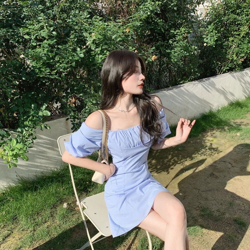 年新款法式甜美初戀約會小裙子藍色茶歇一字肩連衣裙子女夏季-細節圖3