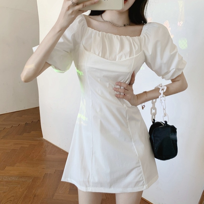 年新款法式甜美初戀約會小裙子藍色茶歇一字肩連衣裙子女夏季-細節圖4