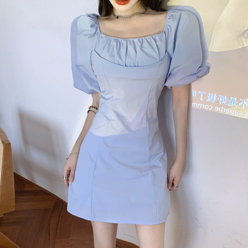年新款法式甜美初戀約會小裙子藍色茶歇一字肩連衣裙子女夏季-細節圖5