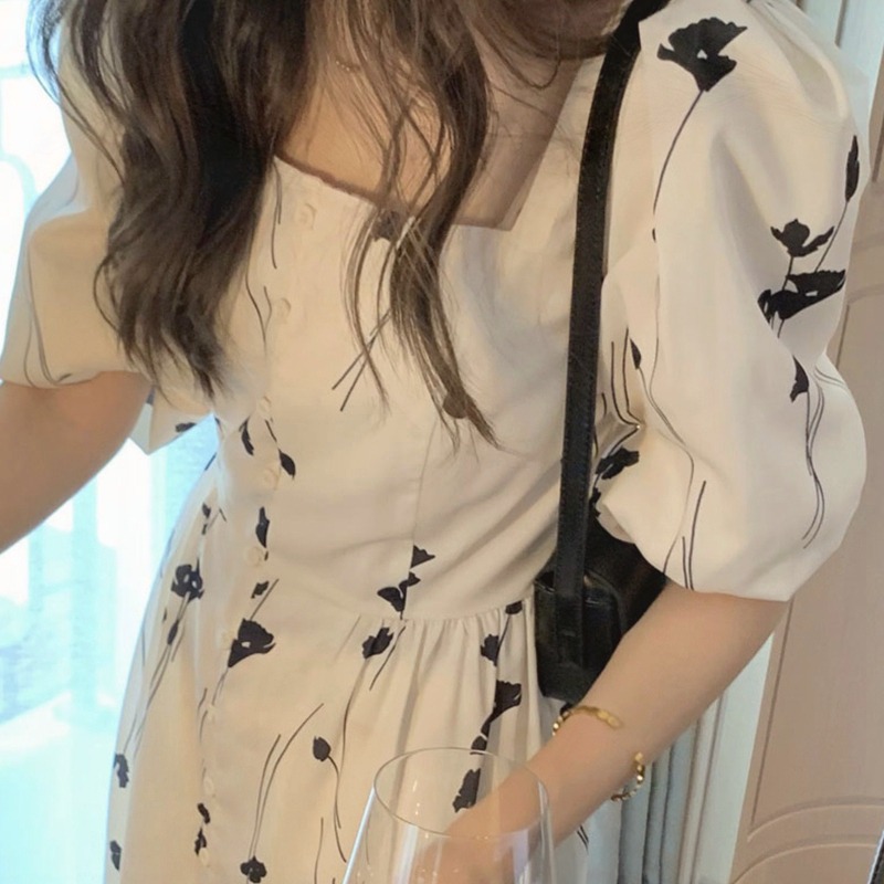 年新款法式御姐赫本風長裙茶歇初戀小白裙泡泡袖連衣裙子女夏-細節圖2