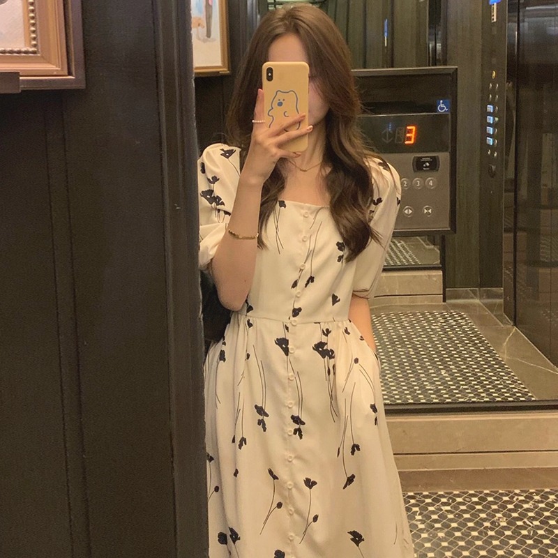 年新款法式御姐赫本風長裙茶歇初戀小白裙泡泡袖連衣裙子女夏-細節圖5