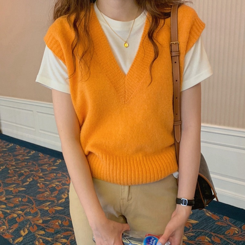 橘色針織背心女無袖馬甲年新款上衣春秋v領坎肩毛衣馬夾外搭-細節圖2
