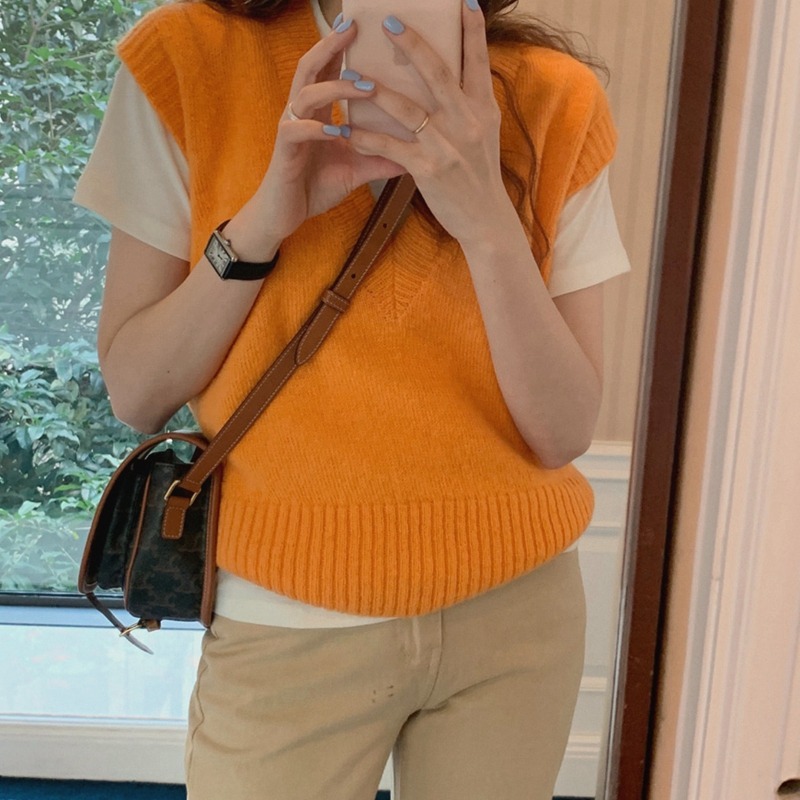 橘色針織背心女無袖馬甲年新款上衣春秋v領坎肩毛衣馬夾外搭-細節圖3