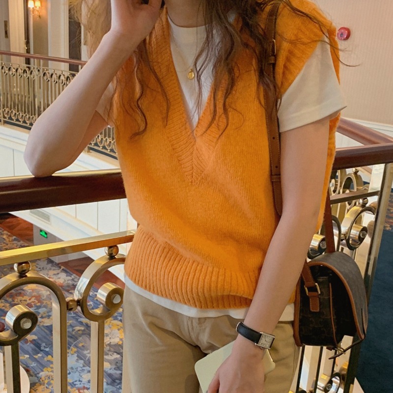 橘色針織背心女無袖馬甲年新款上衣春秋v領坎肩毛衣馬夾外搭-細節圖4