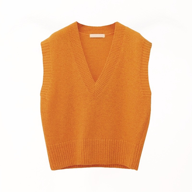 橘色針織背心女無袖馬甲年新款上衣春秋v領坎肩毛衣馬夾外搭-細節圖5