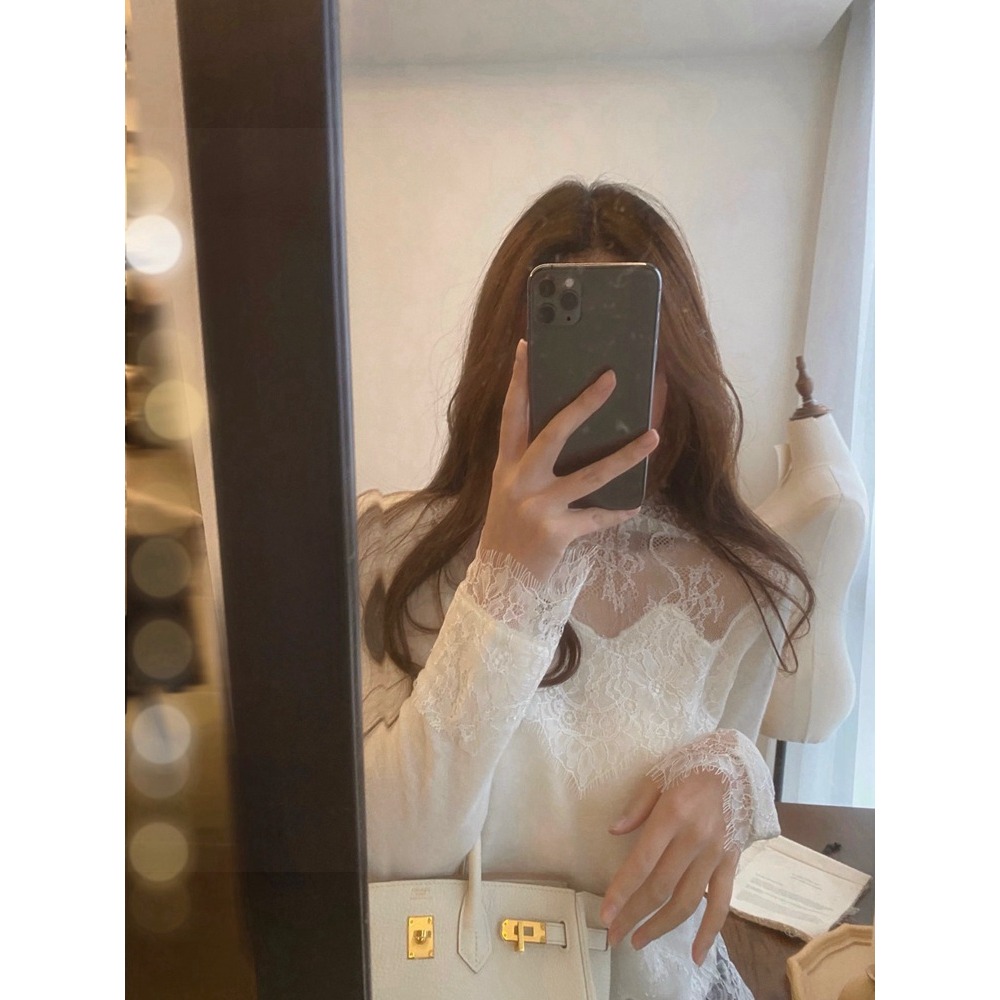 年春秋新款長袖半高領蕾絲打底衫女秋冬洋氣短款內搭網紗上衣-細節圖2