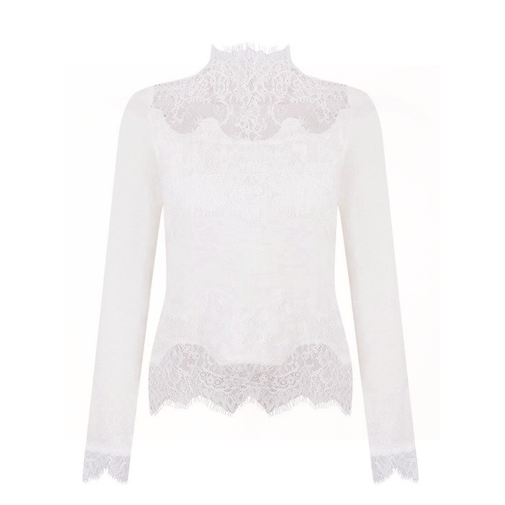 年春秋新款長袖半高領蕾絲打底衫女秋冬洋氣短款內搭網紗上衣-細節圖5