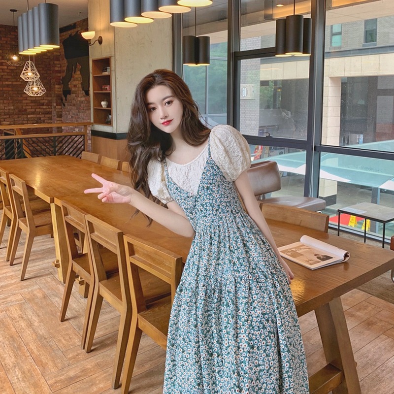 年新款女早秋兩件套裝泡泡袖法式茶歇碎花吊帶連衣裙子夏chic-細節圖3