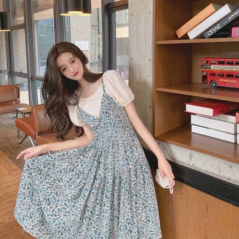 年新款女早秋兩件套裝泡泡袖法式茶歇碎花吊帶連衣裙子夏chic-細節圖4