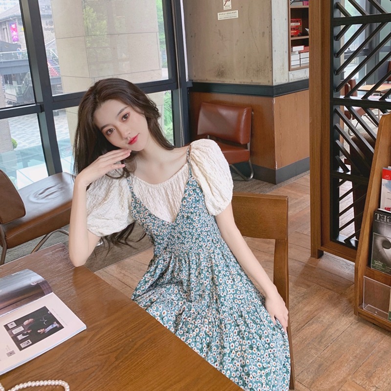 年新款女早秋兩件套裝泡泡袖法式茶歇碎花吊帶連衣裙子夏chic-細節圖5