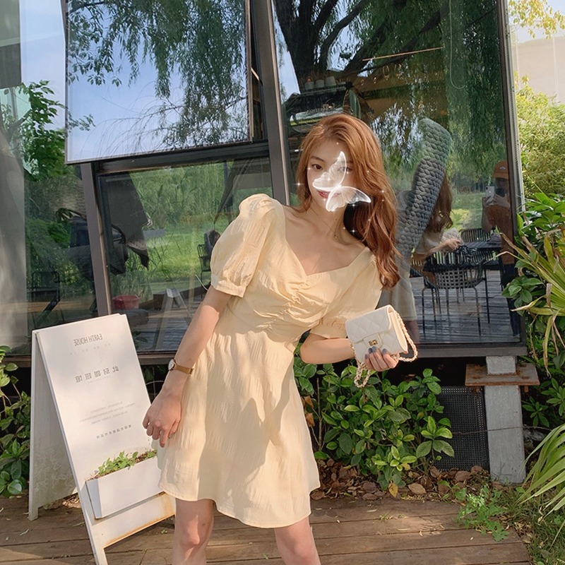 年法式新款茶歇初戀小裙子超仙森系黃色泡泡袖連衣裙子女夏季-細節圖3