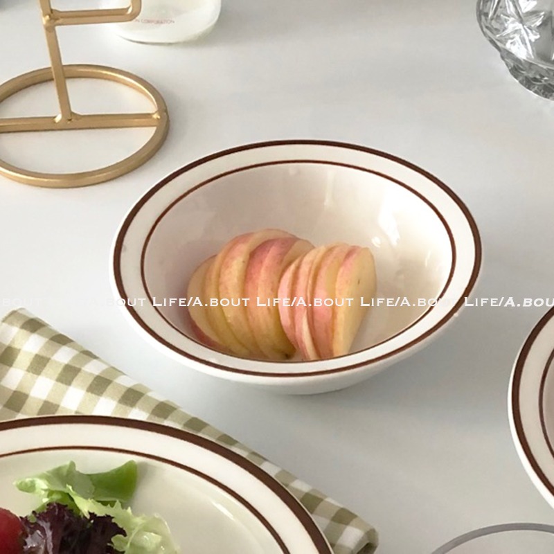 「About Life」復古棕色邊線條陶瓷碗ins同款酸奶碗燕麥早餐碗-細節圖2