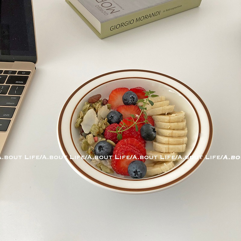 「About Life」復古棕色邊線條陶瓷碗ins同款酸奶碗燕麥早餐碗-細節圖3