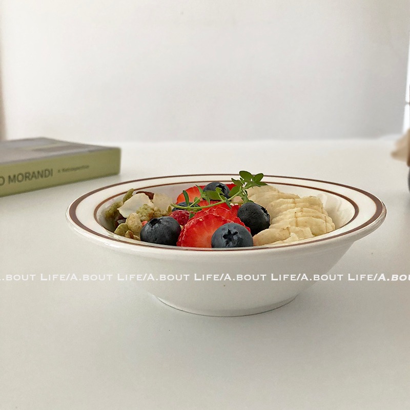 「About Life」復古棕色邊線條陶瓷碗ins同款酸奶碗燕麥早餐碗-細節圖7
