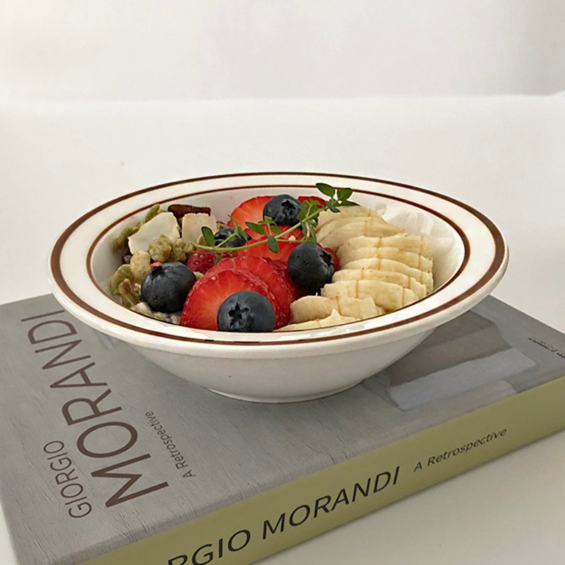 「About Life」復古棕色邊線條陶瓷碗ins同款酸奶碗燕麥早餐碗-細節圖10