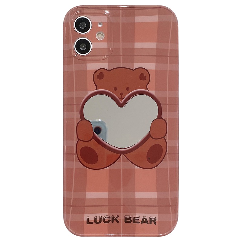 日韓格紋小熊鏡子適用iphone12pro max蘋果11手機殼iphonex軟硅膠xsmax個性xr創意8plus女7-細節圖2