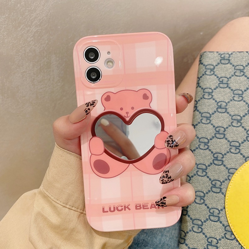 日韓格紋小熊鏡子適用iphone12pro max蘋果11手機殼iphonex軟硅膠xsmax個性xr創意8plus女7-細節圖3