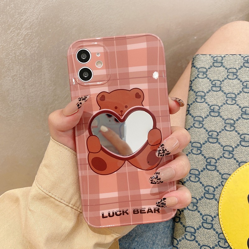 日韓格紋小熊鏡子適用iphone12pro max蘋果11手機殼iphonex軟硅膠xsmax個性xr創意8plus女7-細節圖4