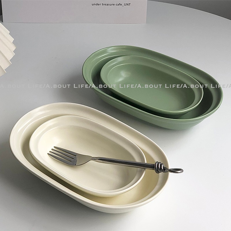 「About Life」折邊橢圓盤 韓國ins風莫蘭迪色啞光陶瓷飯盤沙拉碗-細節圖4