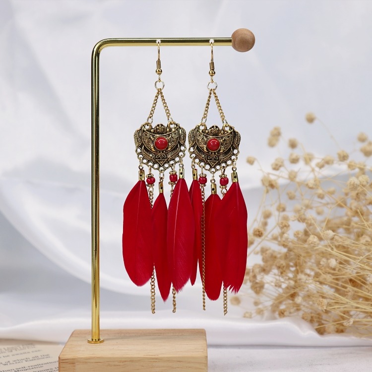 復古度假風ins超仙羽毛耳環 女顯臉小百搭長款耳墜波西米亞耳飾品-細節圖9