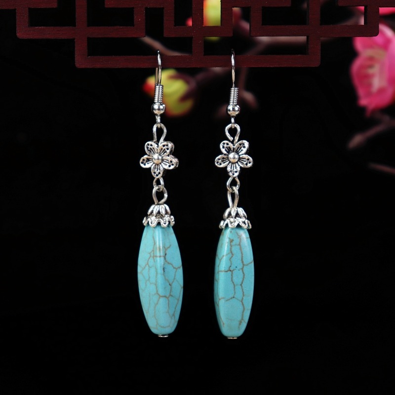 民族風復古原創綠松石耳環女優雅簡約花朵水滴耳墜長款古典耳飾品-細節圖6