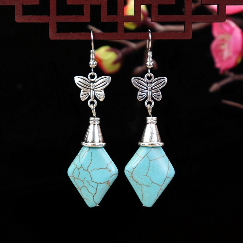 民族風復古原創綠松石耳環女優雅簡約花朵水滴耳墜長款古典耳飾品-細節圖9