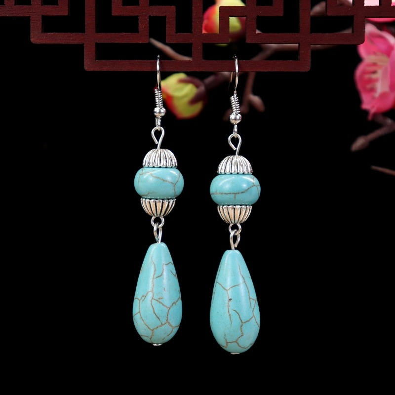 民族風復古原創綠松石耳環女優雅簡約花朵水滴耳墜長款古典耳飾品-細節圖10