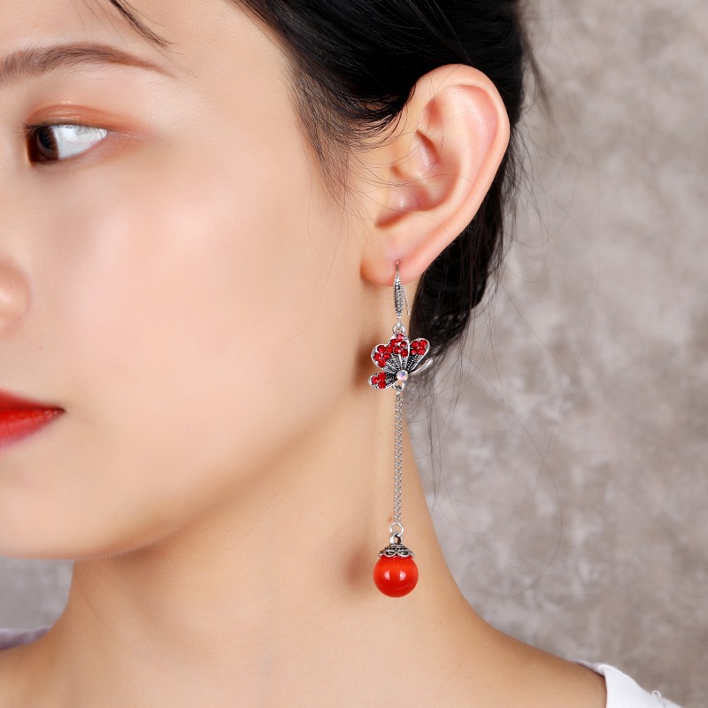 原創復古民族風長款氣質耳墜貓眼石流蘇耳環女簡約百搭鑲鉆耳飾品-細節圖2