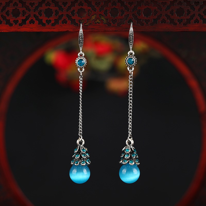 原創復古民族風長款氣質耳墜貓眼石流蘇耳環女簡約百搭鑲鉆耳飾品-細節圖4