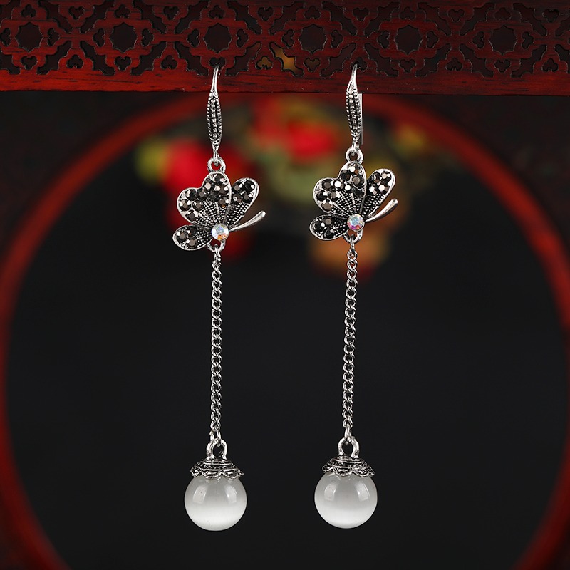 原創復古民族風長款氣質耳墜貓眼石流蘇耳環女簡約百搭鑲鉆耳飾品-細節圖6