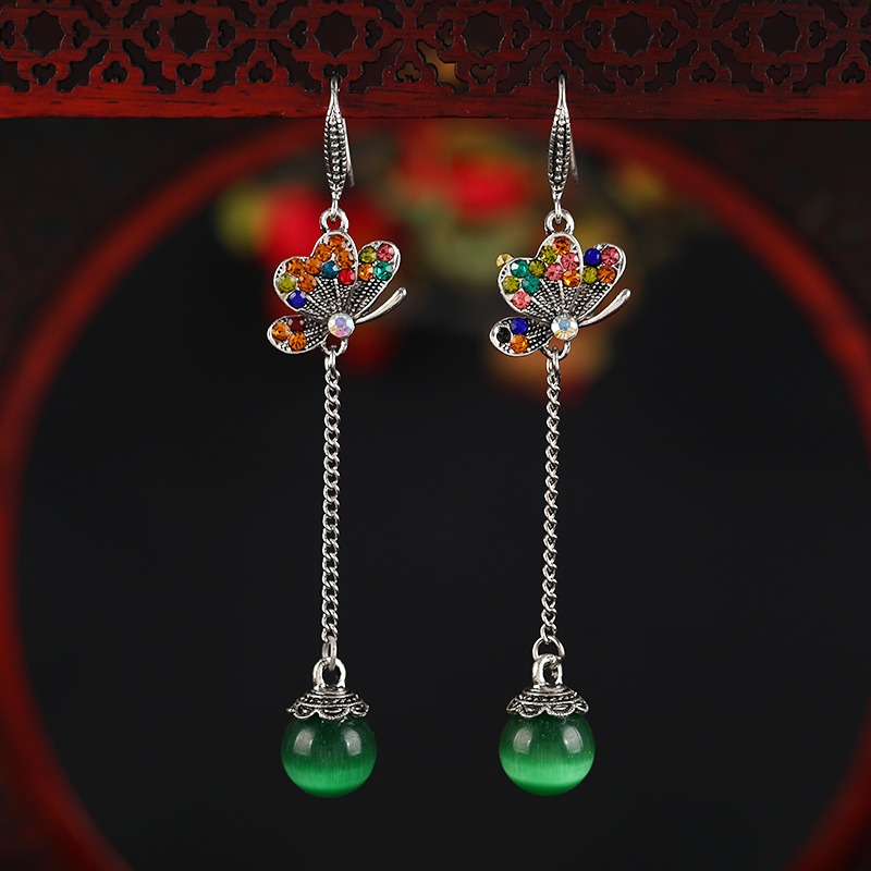 原創復古民族風長款氣質耳墜貓眼石流蘇耳環女簡約百搭鑲鉆耳飾品-細節圖7