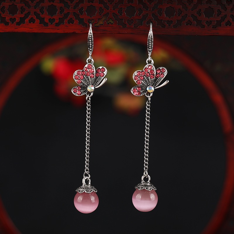 原創復古民族風長款氣質耳墜貓眼石流蘇耳環女簡約百搭鑲鉆耳飾品-細節圖8