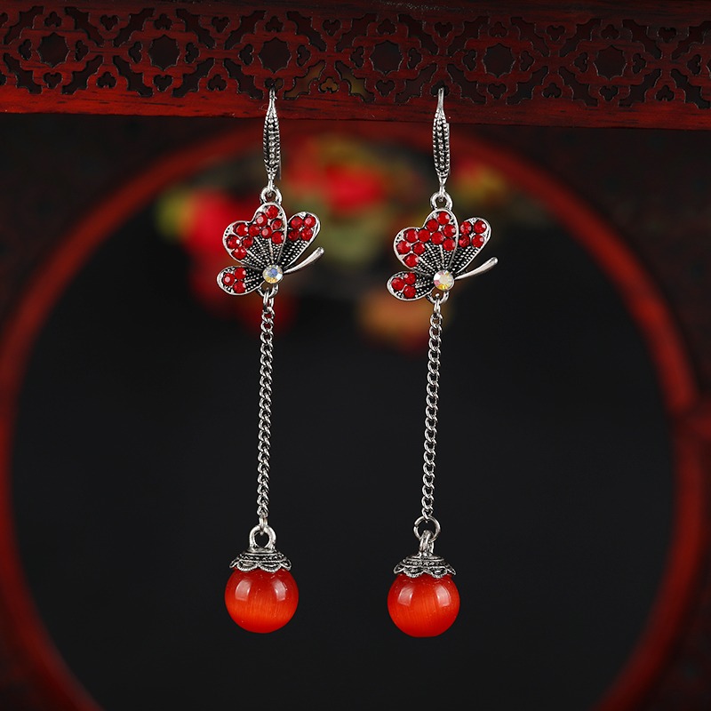 原創復古民族風長款氣質耳墜貓眼石流蘇耳環女簡約百搭鑲鉆耳飾品-細節圖9