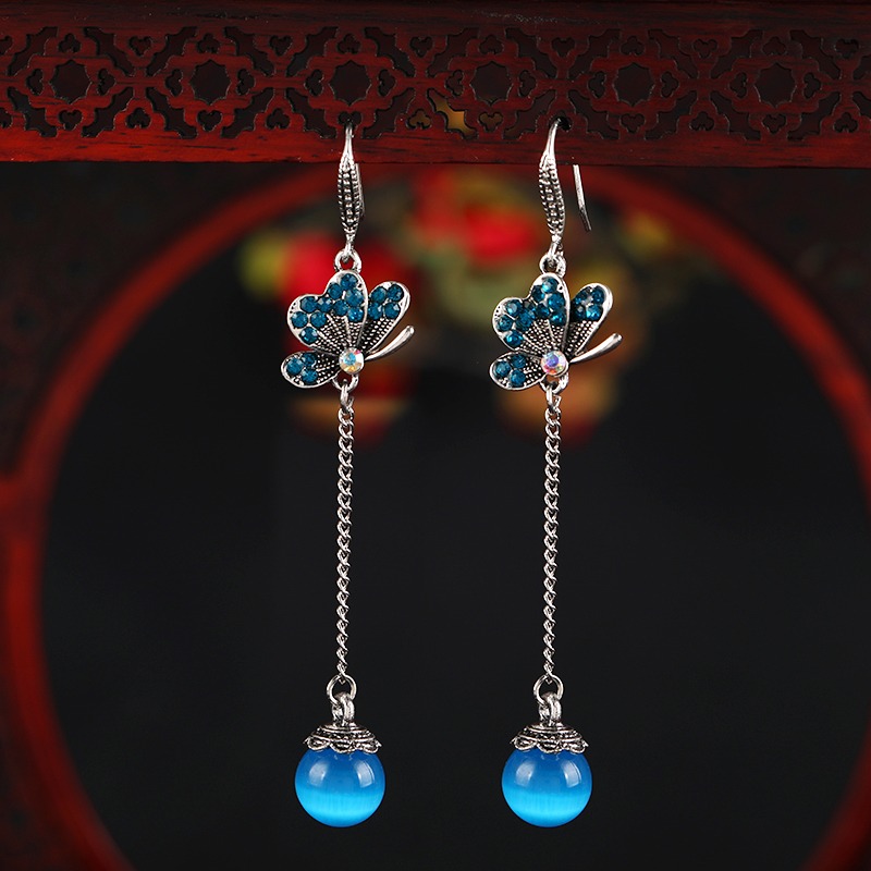 原創復古民族風長款氣質耳墜貓眼石流蘇耳環女簡約百搭鑲鉆耳飾品-細節圖10