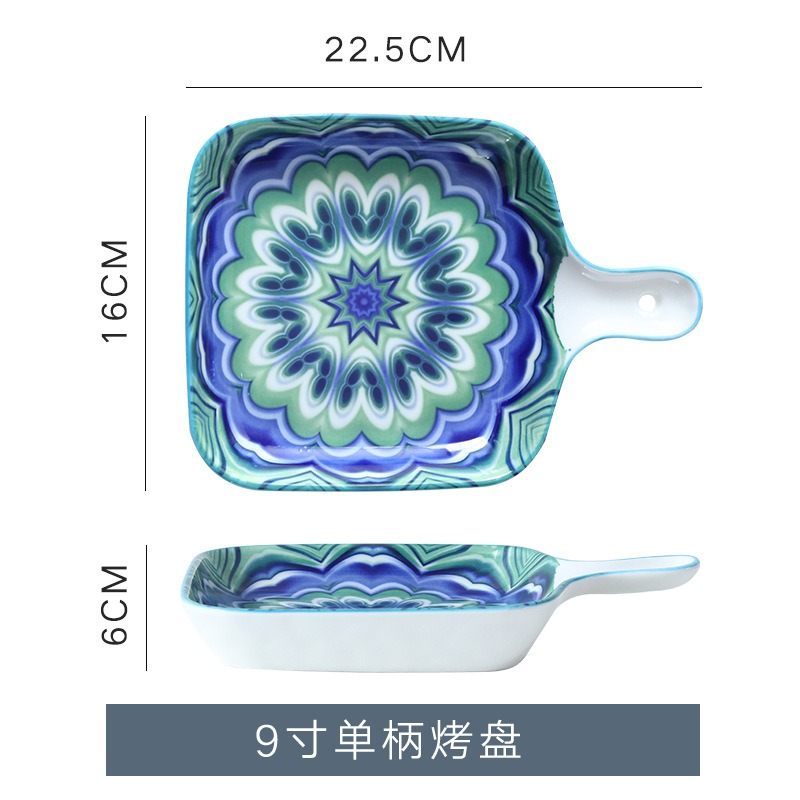 波西米亞陶瓷烤盤烤箱用披薩盤子單把創意家用帶手柄盤微波爐餐具-細節圖9