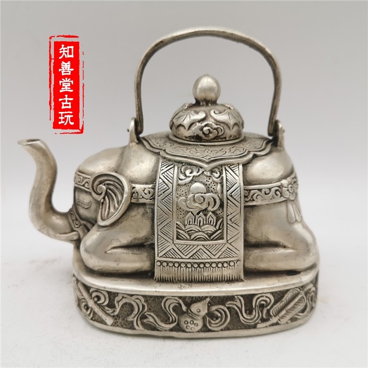 古玩雜項吉祥如意銀茶壺酒壺老銀手提樑大象水壺風水居家擺件收藏-細節圖6