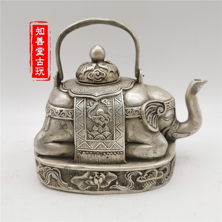 古玩雜項吉祥如意銀茶壺酒壺老銀手提樑大象水壺風水居家擺件收藏-細節圖7